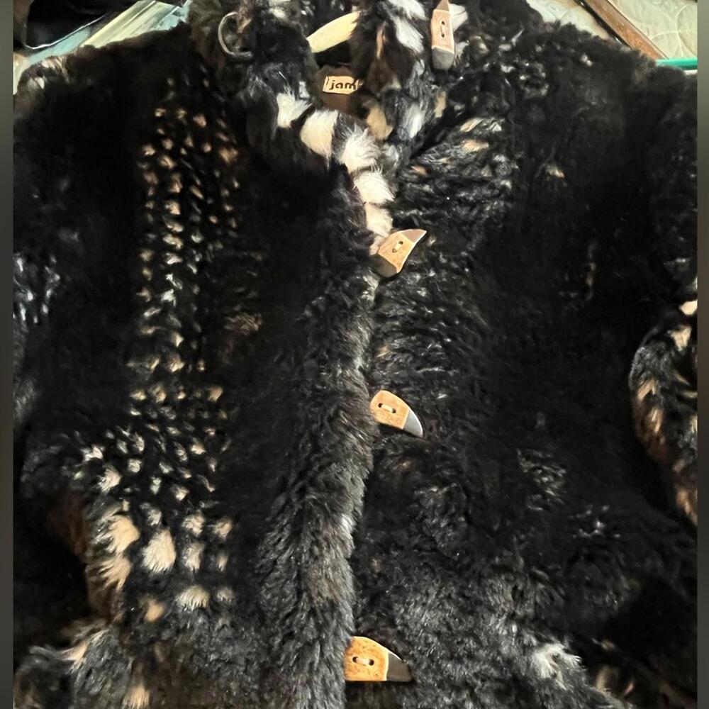 jamie sadock Black Faux Fur Coat with Tan Toggle Accents